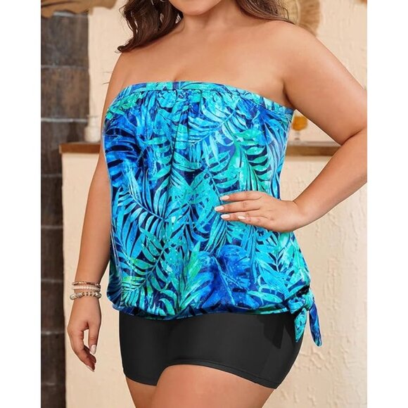 Tempt Me Bandeau 2-Piece Blouson Top High Waist Boyshorts Swimsuit Set Size 18W - Picture 8 of 14